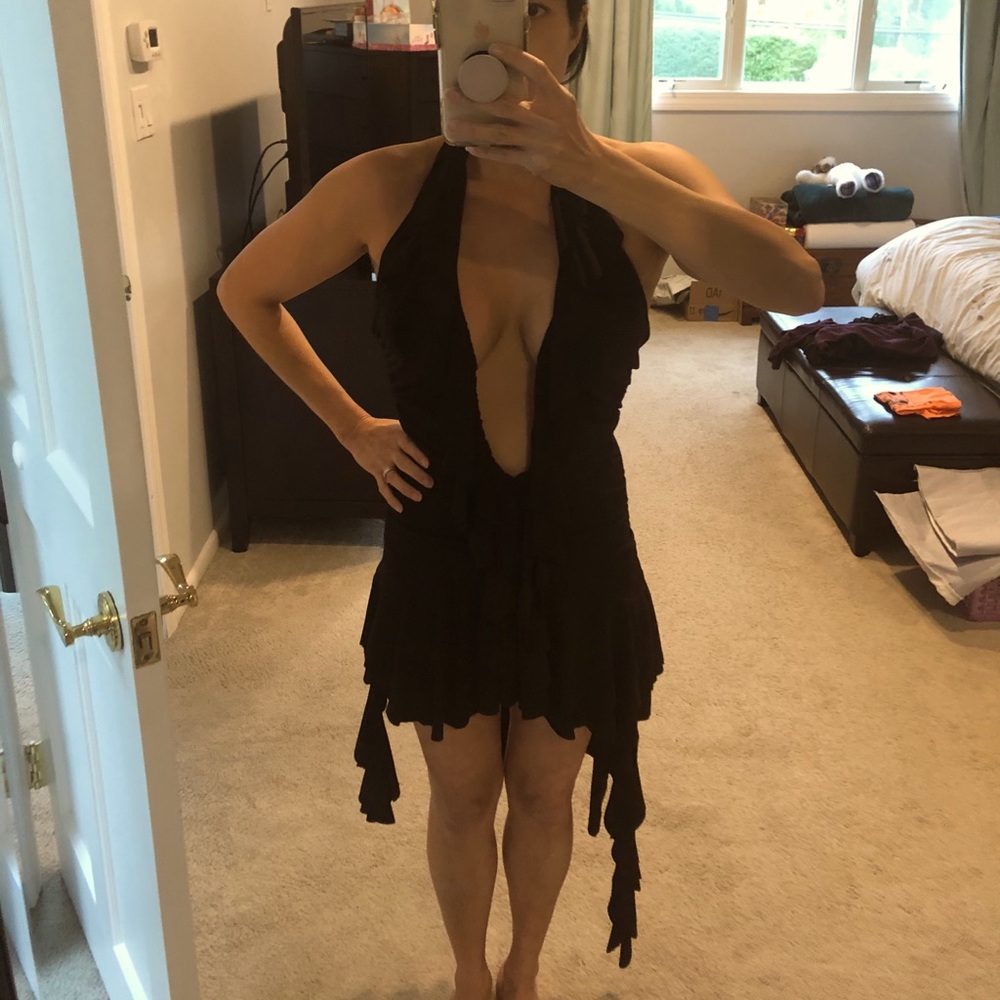 Low cut, short asymmetrical black dress